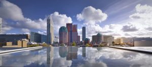 Skyline vanaf dak met spiegeling ministerie van financieen. Skyline vanaf dak met spiegeling den haag ministerie van financieen.